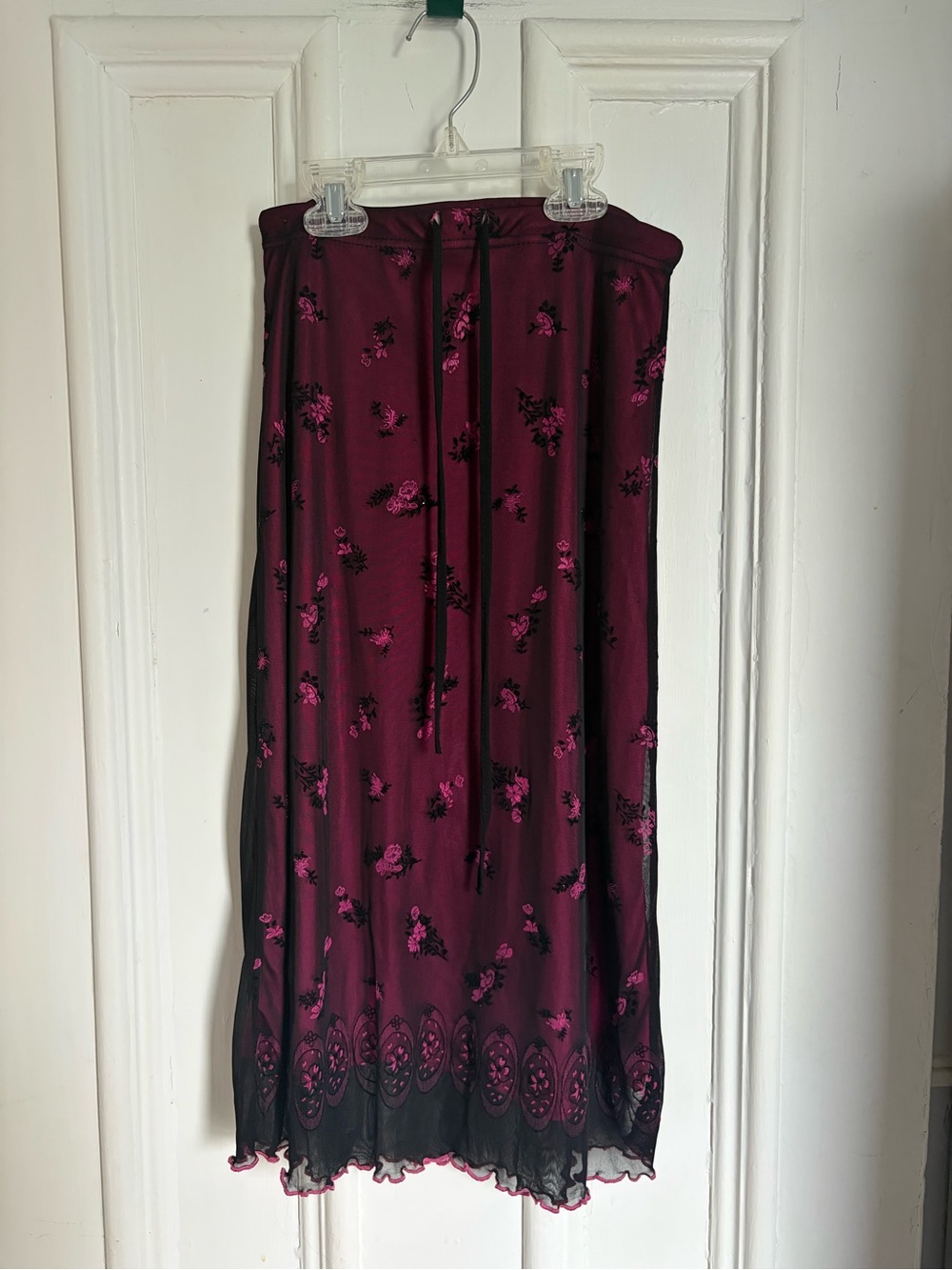 Y2K Black & Pink Skirt with Embroidered Mesh Overlay